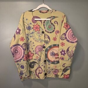 Women's Boho Paisley Floral Print Cardigan Cotton & Wool Blend, Green & Multi